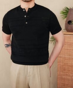 Men’s Jacquard Henley T-Shirt – Tencel Cotton Blend Short Sleeve Knit