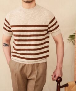 Men’s Linen-Cotton Knit T-Shirt – Casual Short Sleeve Striped Round Neck