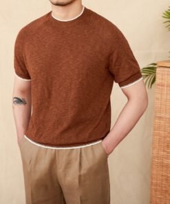 Men’s Linen-Cotton Knit T-Shirt – Breathable Casual Short Sleeve Round Neck