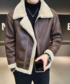 Men’s Fleece-Lined Leather Motorcycle Jacket with Integrated Fur — Thick & Warm